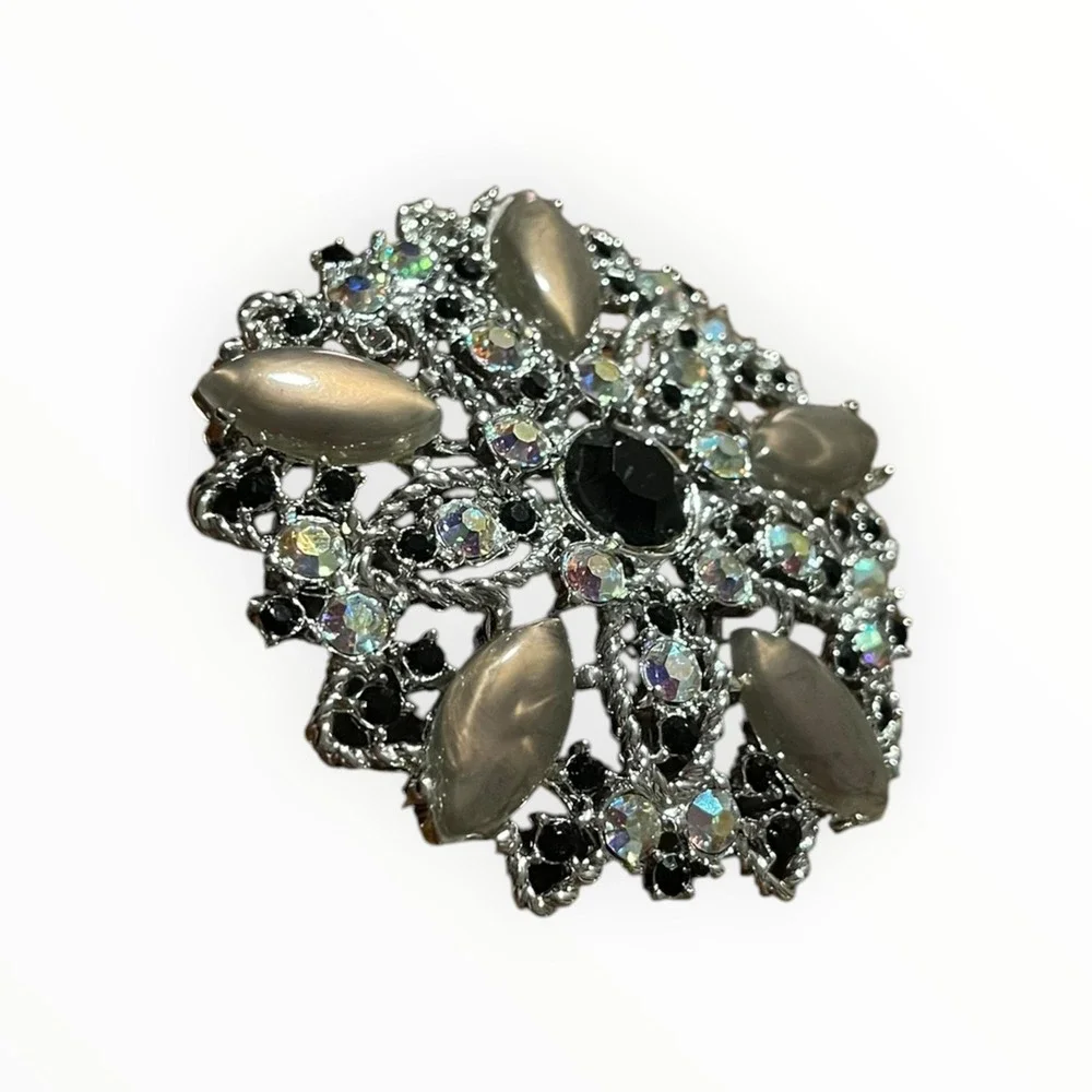 Vintage Emmons Silver Tone Aurora Borealis Black Rhinestone Filigree Brooch